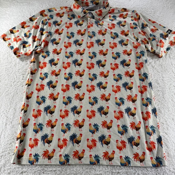 Waggle Golf Polo Shirt Short Sleeve‎ White Rooster Print Stretch Mens L Barstool - Picture 2 of 7